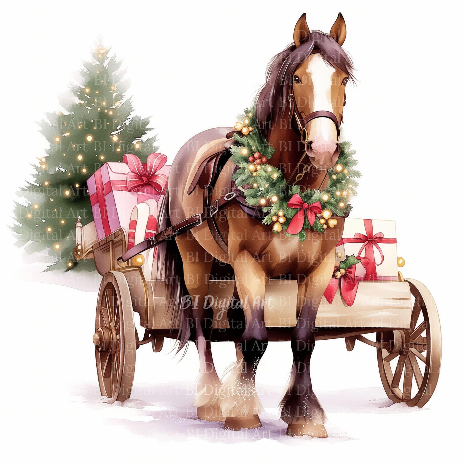 Watercolor Horse Sleigh Clip Art – Winter Christmas Landscape (digital ...