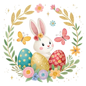 12 Osterhase Cliparts Set, Ostern-Kranz, Cartoon-Aquarell-Illustrationen, PNG und JPG digitaler Download, Sublimation, Kartenherstellung