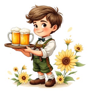 May include: Illustration of a cartoon character in traditional German attire, holding a tray with two mugs of beer. The character is surrounded by sunflowers. The character is wearing a white shirt, green shorts, and brown shoes.