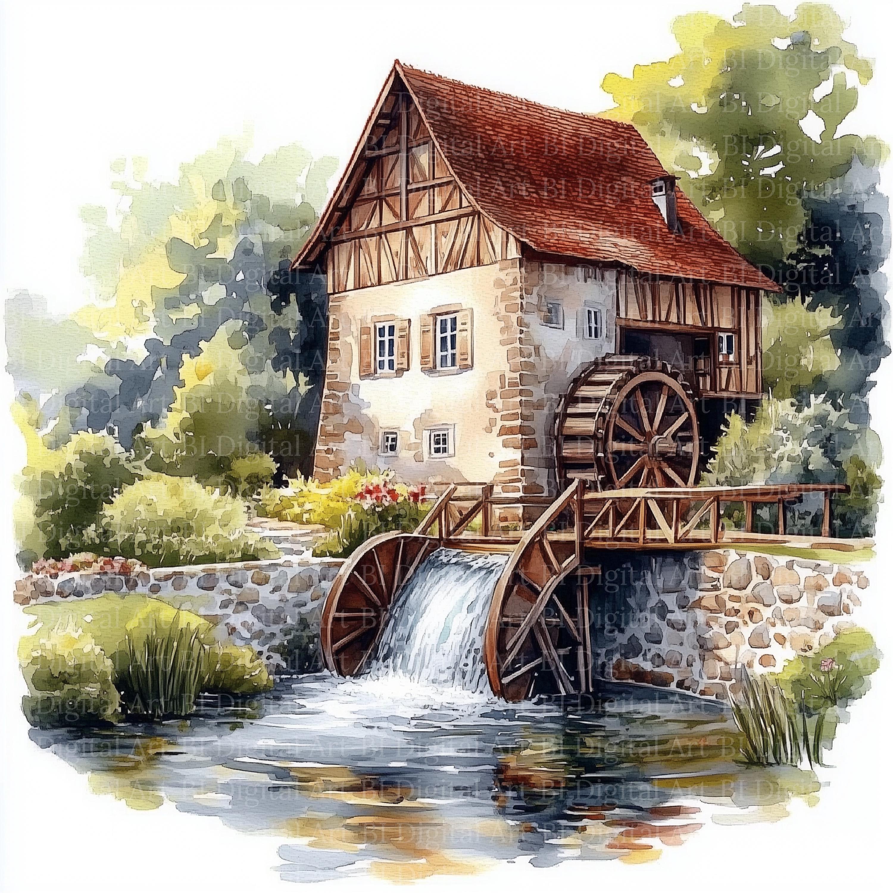 水彩画風水車小屋のクリップアート、川の風景イラスト（デジタル