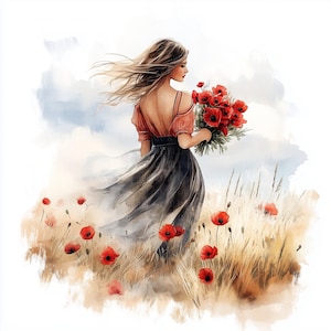 Clipart de mulher com papoulas, 12 imagens em aquarela para impressão, clipart de flor de papoula, JPGs de alta qualidade, download digital, artesanato em papel, diário