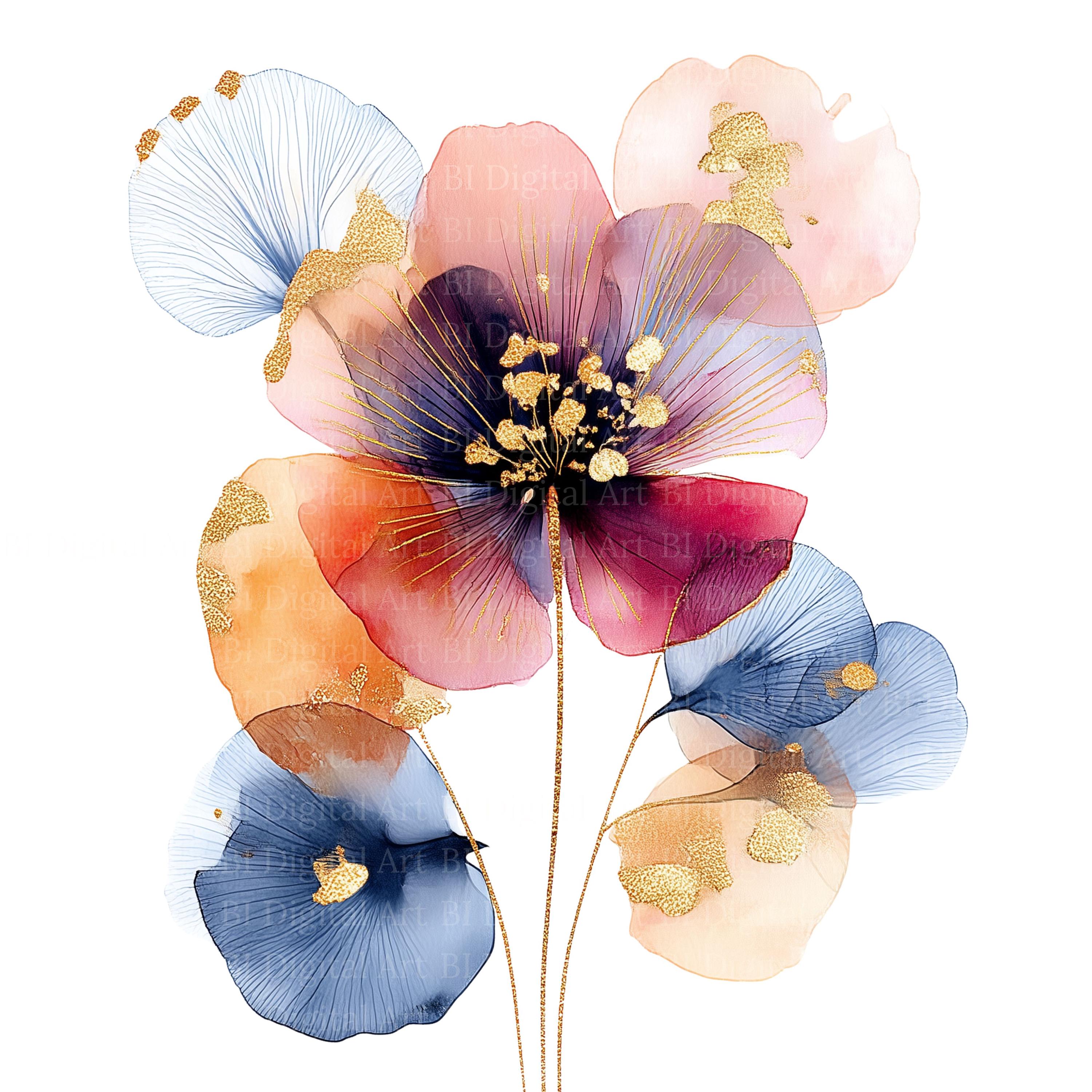 抽象的な水彩画風の花のクリップアート、青、ピンク、金色（デジタル