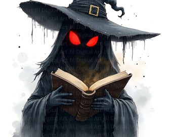 Imágenes prediseñadas de fantasmas leyendo libros, acuarela espeluznante de Halloween (descarga digital)