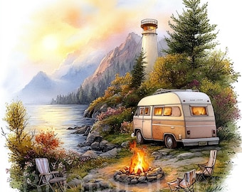 Watercolor Camping Clipart Set, Travel Trailer Art (Digital Download)