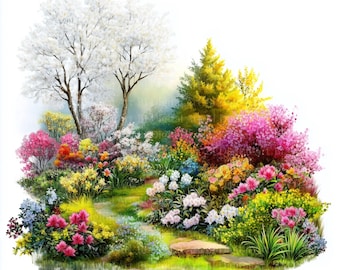12 Blumengarten Cliparts, Frühlingsgarten Aquarell Landschaft, Gartenillustrationen, Hochwertige Druckbare JPGs, Digitaler Download, Journal