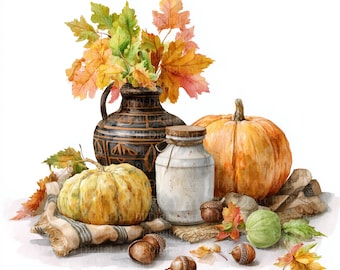 Aquarel herfst clipartset, pompoenen, bladeren (digitale download)