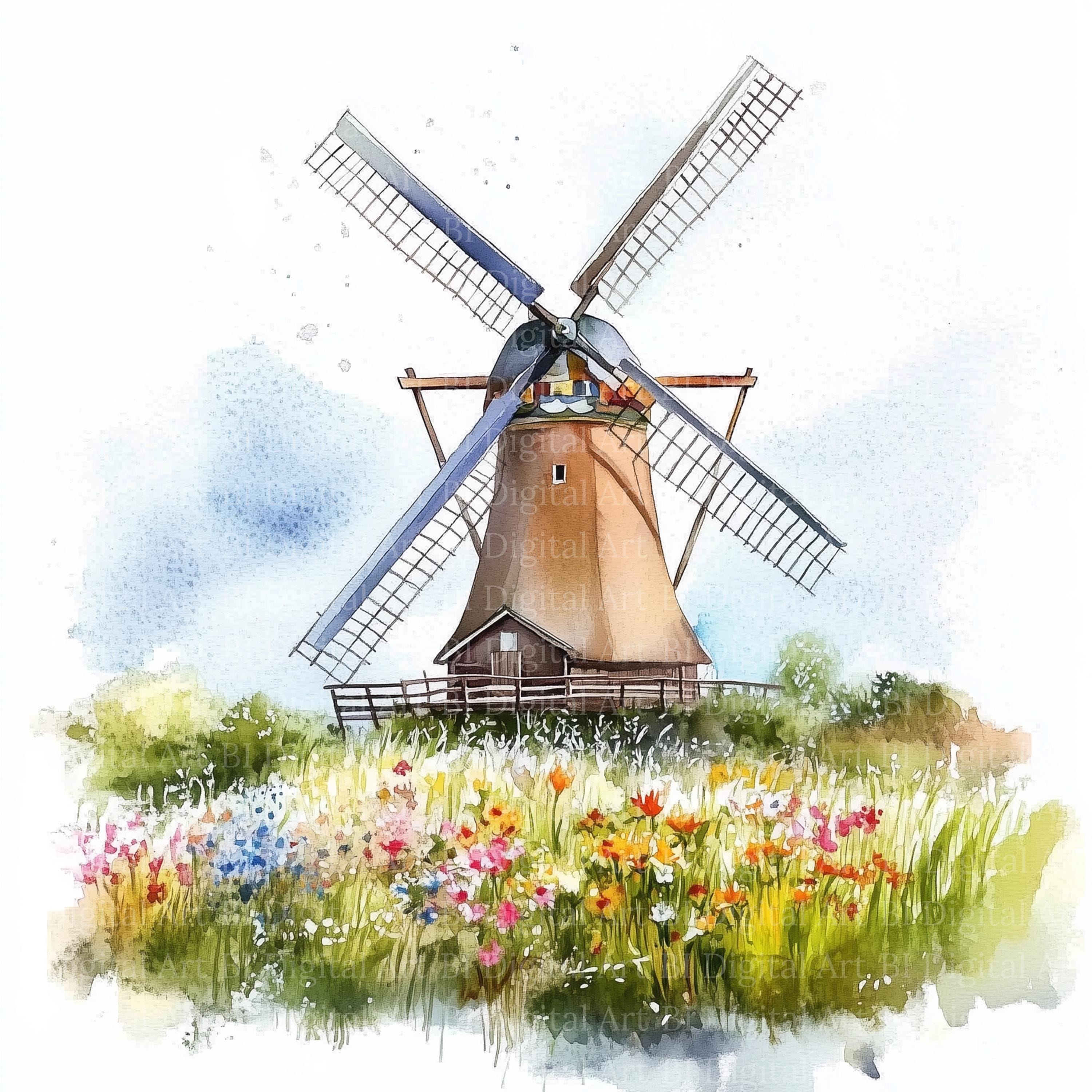 水彩画風車風景イラスト、印刷可能なクリップアート（デジタル