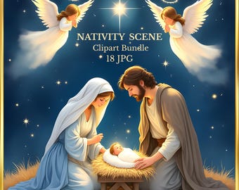 18 Nativity Scene Cliparts – Holy Family: Mary, Joseph & Baby Jesus, Angel, Religious Christmas Illustrations, JPG Images, Instant Download