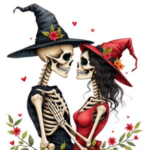 Peut inclure: Une illustration numérique de deux squelettes se faisant face. L'un porte un chapeau de sorcière noir avec des fleurs rouges, l'autre un chapeau rouge avec des fleurs orange. Ils sont entourés de petits cœurs rouges et de feuillages verts.