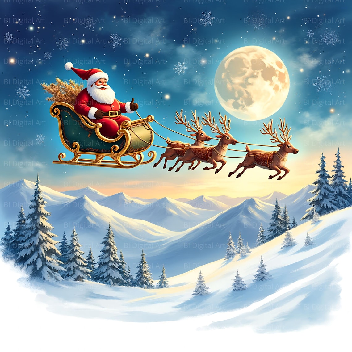 Santa Claus flying across the night sky in his sleigh with reindeer – watercolor Christmas clipart set. This clipart set captures Santa Claus flying across the night sky in his reindeer sleigh, illuminated by a glowing full moon above a peaceful snowy Christmas village. The watercolor style creates a warm, festive atmosphere that brings holiday magic to all your creative projects.