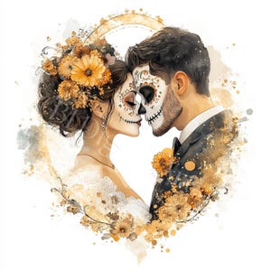 Day of the Dead Wedding Clipart, Dia De Muertos Couple Clipart, Sugar Skull Bride & Groom Digital Art, JPG, Téléchargement numérique
