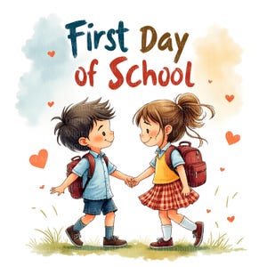 以下が含まれることがあります： 「First Day of School」の文字が上に書かれた、手をつないでいる2人の子供たちの水彩イラスト。男の子は青いシャツとショートパンツ、赤いバックパックを身につけています。女の子は黄色のベスト、チェックのスカート、赤いバックパックを身につけています。