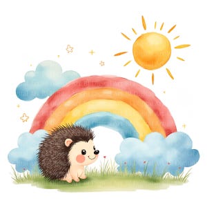12 Rainbow Hedgehog Cliparts – Cute Watercolor Cartoons illustrations with Hedgehogs, Printable High-Res JPG, Digital Download, Card Making