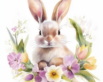 Watercolor Bunny Clipart Set, Floral Pastel Rabbit (Digital Download)
