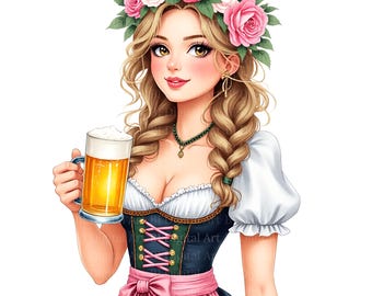 10 Oktoberfest Beer Girl Cliparts – Waitress with Beer Mug, Watercolor Illustration, High-Res PNG JPG, Party Decoration, Digital Download