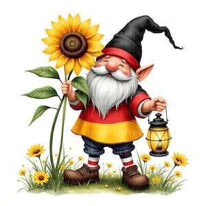Op de afbeelding: Een grillige illustratie van een tuinkabouter met een grote zonnebloem en een lantaarn. De kabouter draagt een rood, zwart en geel kostuum, bruine laarzen en een zwarte hoed. Gele zonnebloemen en groen gras maken de scène compleet.