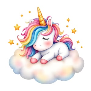 Unicornio durmiendo en una nube: clipart de un unicornio con melena arcoíris, PNG y JPG, digital | Archivo imprimible para habitaciones infantiles