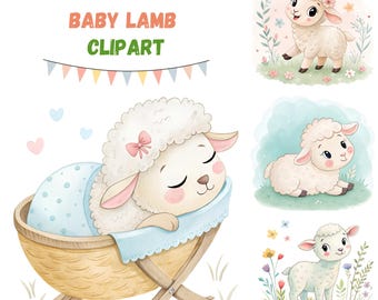 Paquete de 10 adorables imágenes prediseñadas de corderitos, imágenes prediseñadas de ovejas, ilustraciones de acuarela imprimibles, archivos JPG de alta calidad, descarga digital, diario basura