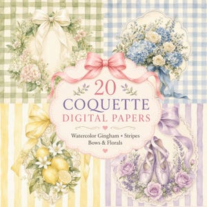 May include: A digital collection of 20 Coquette digital papers featuring watercolour gingham and striped backgrounds. The designs include floral wreaths, ribbons, bows, lemons, and ballet slippers in soft pastel shades of green, blue, yellow, and purple.