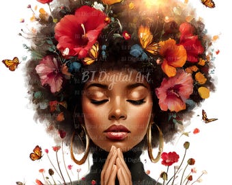 Praying Black Woman Watercolor Clipart – Spiritual Floral Art (Digital Download)