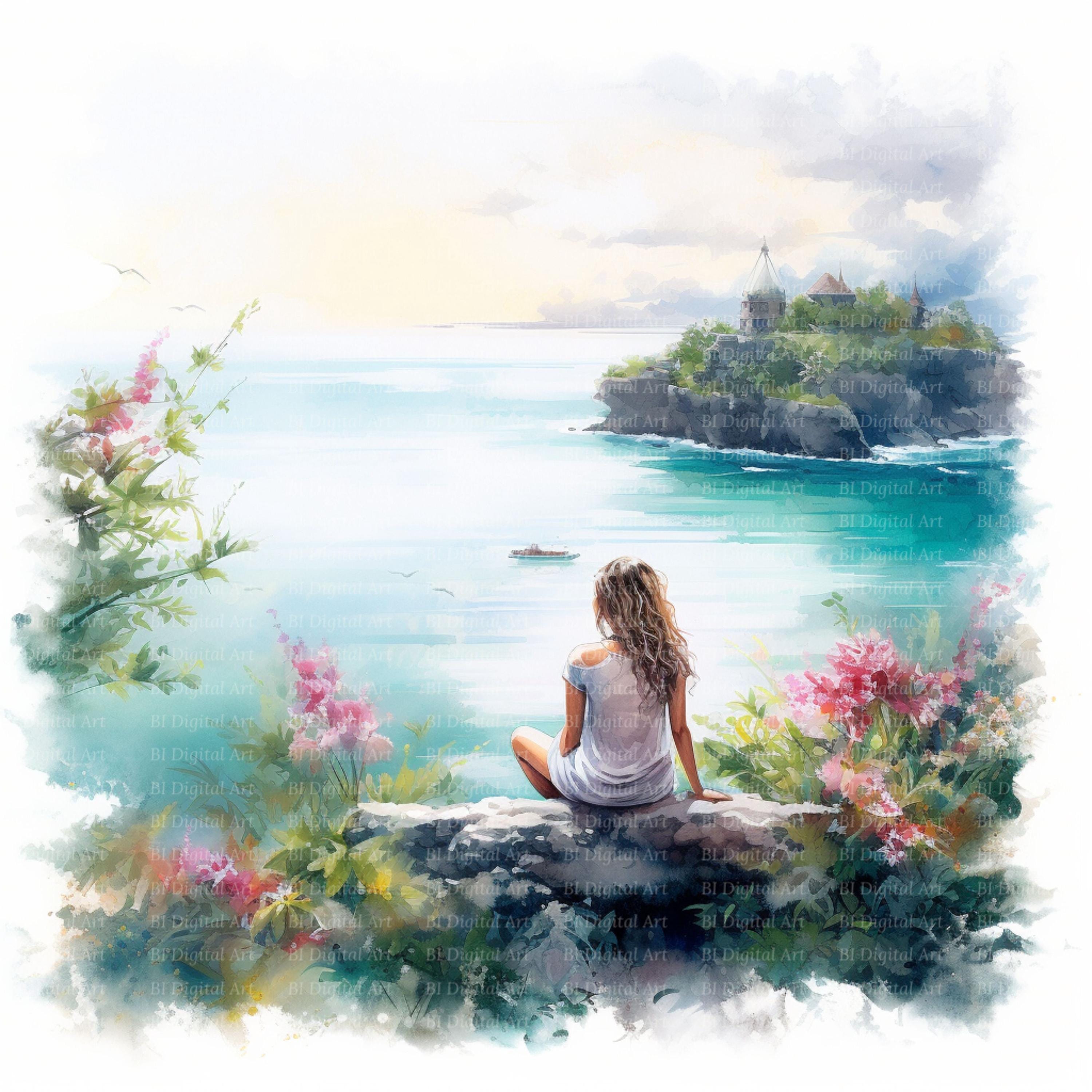 リラックスした女性と海の景色を描いた水彩画クリップアート（即時