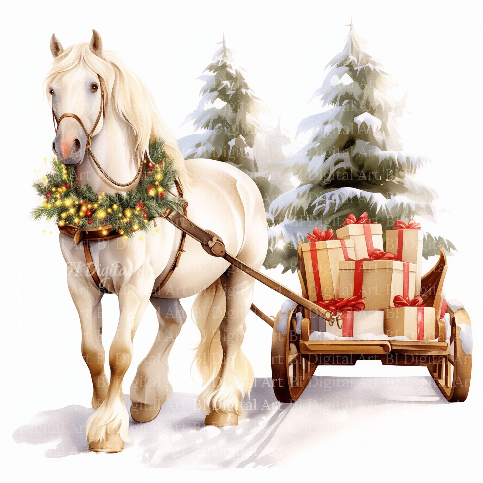 Watercolor Horse Sleigh Clip Art – Winter Christmas Landscape (digital ...