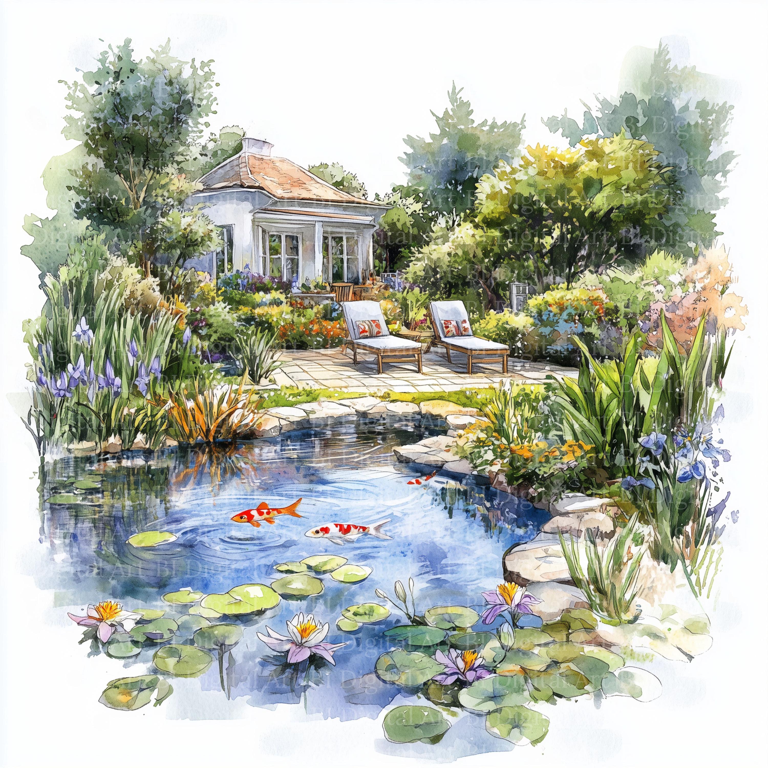 水彩画風の庭の池のクリップアート – 橋とテラス、春の風景（デジタル