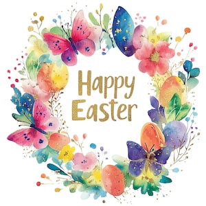 Puede incluir: Un diseño de corona de acuarela con el texto "Happy Easter". La corona presenta mariposas, huevos y flores coloridas en tonos de rosa, azul, amarillo y naranja, con detalles de purpurina dorada.