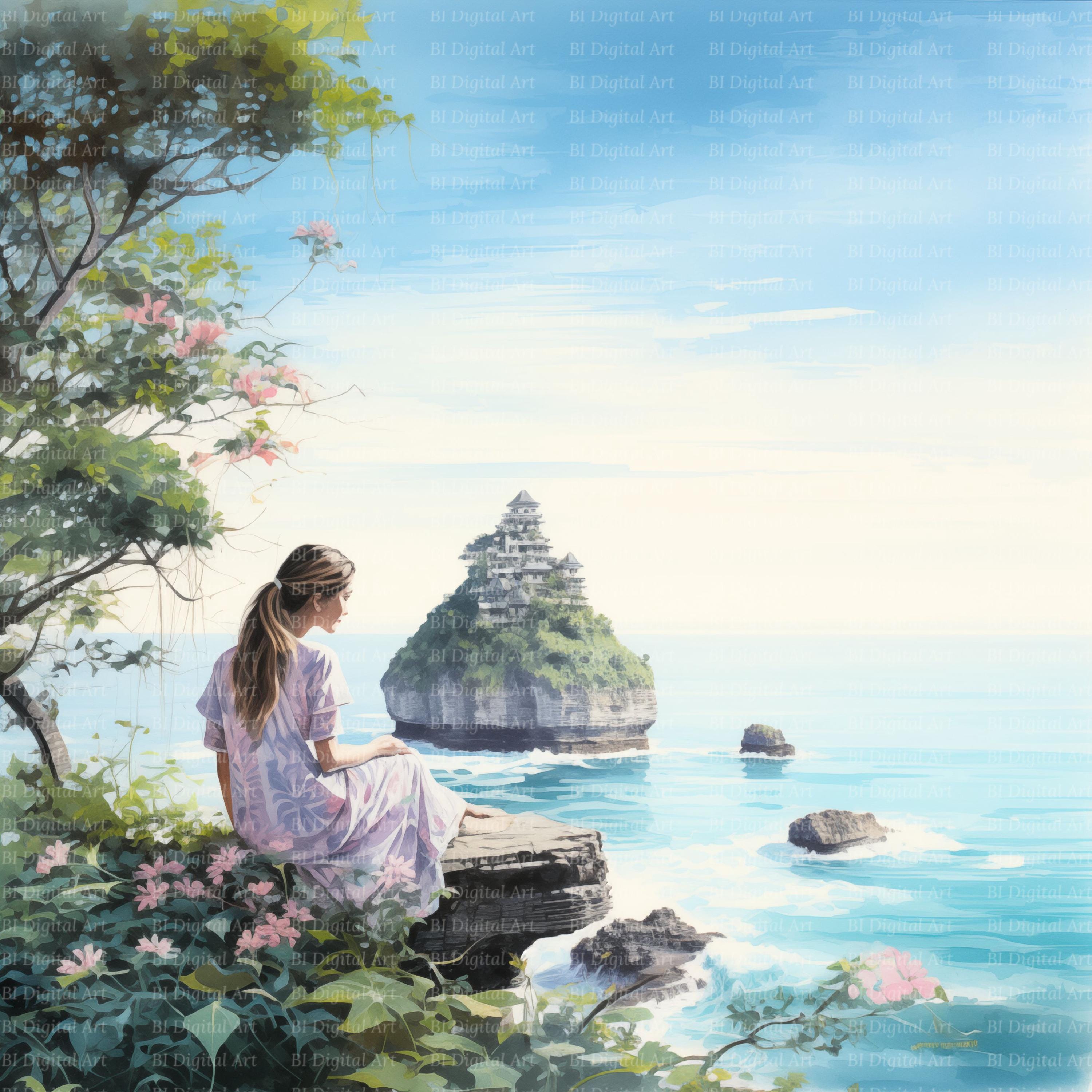 リラックスした女性と海の景色を描いた水彩画クリップアート（即時
