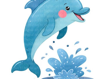 Watercolor Dolphin Clipart, Cartoon Illustrations (Digital Download)