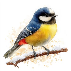 Blue Tit Clipart, Great Tit Cliparts, Bird Clipart, Bird on Branch, Aquarelle imprimable, JPG de haute qualité, Paper Craft, Téléchargement instantané