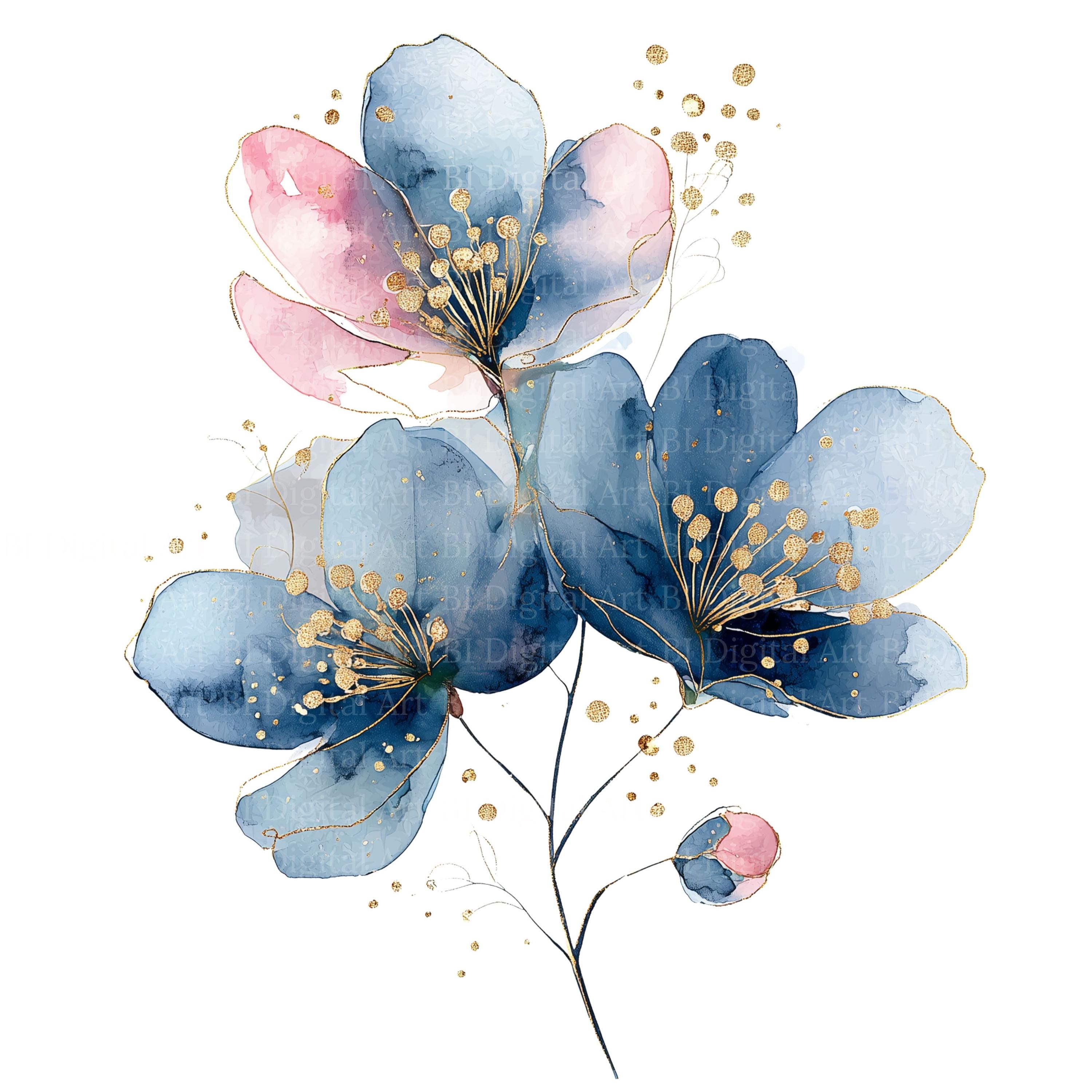 水彩画 花 抽象的な水彩画風の花のクリップアート、青、ピンク、金色（デジタル