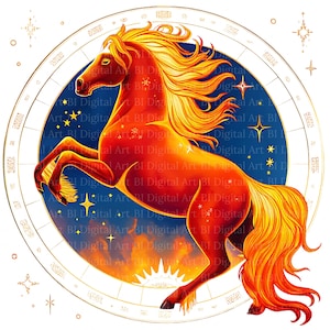 May include: A digital illustration of a fiery horse rearing up, set against a blue background with stars and a gold circular frame. The horse is rendered in shades of red and orange, with a flowing mane and tail.