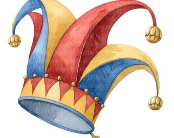 12 Jester Hat Cliparts – Carnival Watercolor Illustrations, PNG / JPG Files, Digital Download for Sublimation, Stickers, and DIY Crafts