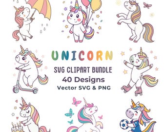 May include: A collection of whimsical unicorn illustrations in various poses, including holding an umbrella, balloons, and a soccer ball. The image includes the text "UNICORN SVG CLIPART BUNDLE 40 Designs Vector SVG & PNG."