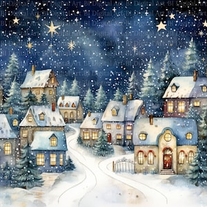 Winterliches Weihnachtsdorf in Aquarell.
Dieses stimmungsvolle Weihnachtsdorf-Set zeigt sieben liebevoll gestaltete Winterlandschaften mit verschneiten Häusern, leuchtenden Fenstern, hohen Tannen und einem ruhigen nächtlichen Himmel. Die warmen Lichtquellen, die geschwungenen Wege und die sanften Schneeflocken schaffen eine harmonische, festliche Atmosphäre – ideal für kreative Weihnachtsprojekte.
