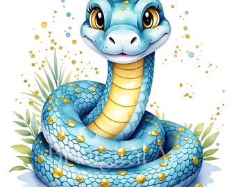 Cartoon Snake Clipart, Watercolor Snake Images (Digital Download)