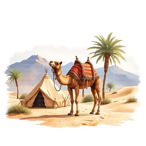 Puede incluir: Ilustración de un camello en un paisaje desértico. El camello lleva una silla de montar roja y beige y está cerca de una tienda de campaña y palmeras. Se ven montañas al fondo y la escena está representada en tonos cálidos.