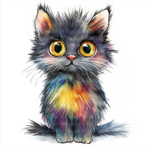 8 Watercolor Funny Cat Cliparts, Cute- Quirky- Cartoon Cats, Rainbow Cats, Printable JPGs, Digital Download, Paper Crafts, Junk Journal