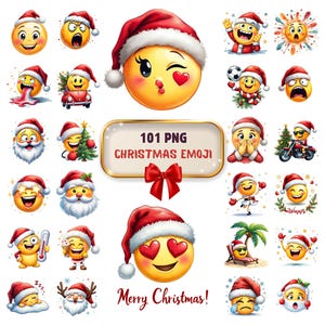 Puede incluir: Una colección de gráficos de emojis navideños. Los emojis presentan caras amarillas con varias expresiones, usando gorros de Papá Noel. Algunos emojis tienen corazones en los ojos, mientras que otros muestran barbas de Papá Noel o están involucrados en actividades navideñas. También está presente el texto "Merry Christmas!"