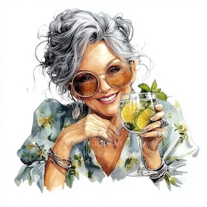10 Funny Older Woman drinking Cocktail Clipart in Boho Style, Grandma and Cocktail, Printable Watercolor, Digital Download JPG, Junk Journal