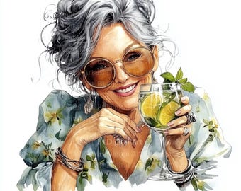 Boho Older Woman Cocktail Clipart, Watercolor Grandma Art (Digital Download)