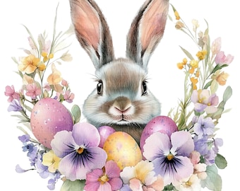 12 Easter Bunny and Flowers Clipart, Easter Wreath with Bunny and Flowers, High-Resolution PNG, Digital Download, Sublimation, Card Making