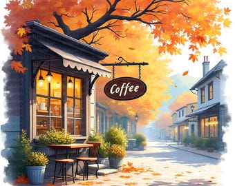 8 clipart di caffè di strada, scene di strada autunnali ad acquerello, JPG ad alta risoluzione stampabili, diario spazzatura, creazione di biglietti, download digitale