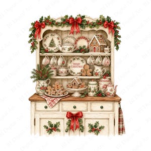 May include: A cream-coloured hutch decorated with holly and red bows, filled with Christmas-themed ceramic plates, mugs, teapots, and gingerbread cookies. A plate in the centre reads Merry Christmas, and a gingerbread house sits on a pedestal.