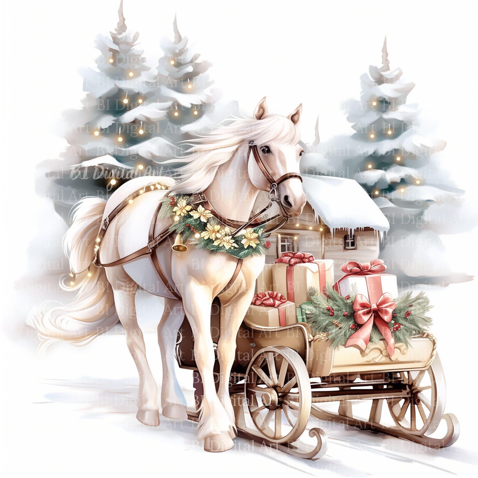 Watercolor Horse Sleigh Clip Art – Winter Christmas Landscape (digital ...