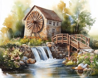 水彩画風水車小屋のクリップアート、風景イラスト（デジタル