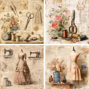 May include: A collage of vintage sewing-themed images. The images feature scissors, spools of thread, antique sewing machines, and dresses on mannequins. Floral arrangements and aged paper backgrounds add to the antique aesthetic. The color palette includes beige, brown, and pastel colours.