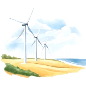 12 Windkraftanlagen-Cliparts, Windturbine-Aquarell, Windgenerator clipart, hochwertige JPGs, digitaler Download, Papiermodelle, Junk-Journal