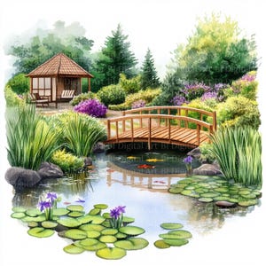 Gartenteich mit Brücke und Terrasse, 10 Garten mit Teich Cliparts, Teich-Aquarell-Landschaften, druckbare JPGs, digitaler Download